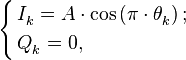 \left\{ \begin{align}
  & I_{k}^{{}}=A\cdot \cos \left( \pi \cdot \theta _{k}^{{}} \right); \\ 
 & Q_{k}^{{}}=0, \\ 
\end{align} \right.