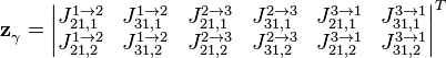\mathbf{z}_{\gamma }^{{}}=\left| \begin{matrix}
   J _{21,1}^{1\to 2} & J _{31,1}^{1\to 2} & J_{21,1}^{2\to 3} & J_{31,1}^{2\to 3} & J_{21,1}^{3\to 1} & J_{31,1}^{3\to 1}  \\
   J _{21,2}^{1\to 2} & J _{31,2}^{1\to 2} & J_{21,2}^{2\to 3} & J_{31,2}^{2\to 3} & J_{21,2}^{3\to 1} & J_{31,2}^{3\to 1}  \\
\end{matrix} \right|_{{}}^{T}